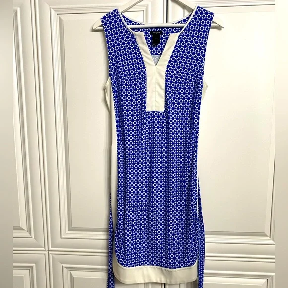 Ann Taylor Factory Size XS Sleeveless V Neck Dress Blue White Belt Midi Office - Picture 3 of 12